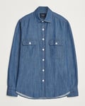 Drake's Denim Cotton Two Pocket Work Shirt Mid Blue