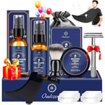 Kit Soins Barbe Homm, Coffret Cadeau Rasage Homme Complet -Produit Barbe Professionnel avec Huile Barbe, Mousse a Raser, Apres Rasage, Rasoir de Sureté, Blaireau Rasage, Peigne Pochoir, Bavoir, Lames