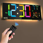 LYtech 13" Colorée Réveil Numérique Horloge Murale LED Digital Ecran avec DST 12/24H Température Date, Double Alarme, 10 Luminosité Variable, USB Clock Compte à Rebours pour Le Salon de la Maison