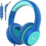 EarFun Kids Headphones, Foldable Headphones for kids with Mic, 85/94dB Volume Limiter, Sharing Function, Stereo Sound, Adjustable Headband, Wired Children Headphone for School/Travel/Phone, Blue Green