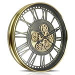 DORBOKER Real Moving Gears Wall Clock Large Modern Metal Clocks for Living Room Decor, Industrial Steampunk Unique Vintage Rustic Decorative Clock for Home Farmhouse Office,53.5cm,Bronze Gold Roman