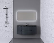 Ensemble salle de bains l.138 cm meuble sous vasque gris anthracite brillant + plan vasque central verre noir mat Vague