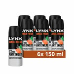 Lynx Antiperspirant Jungle Fresh 72H Long Lasting Sweat and Odour Protection Deodorant Spray for Men with Unique Scent of Palm Leaves and Amber, 150ml Pack of 6