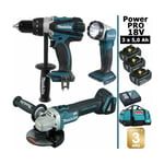 Pack Makita Power pro 18V: Perceuse 91Nm DDF458 + Meuleuse 125mm DGA504 + Lampe Torche led 180lm + 3 batt 5Ah + sac Makita