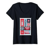 Womens London Stamp with Iconic Landmarks - London Souvenir V-Neck T-Shirt