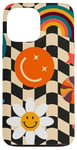 Coque pour iPhone 13 Pro Max Aesthetic Checker Retro Groovy Flowers in Cream Peach colors