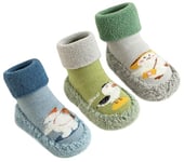 Maeau - Socquette Bébé Chaussette Antidérapante Enfant Bas Fille Garçon Hiver Apprennent à Marcher Nouveau-nés Semelle en Caoutchouc Chaud 3 Paires - Vert+Gris+Bleu - 0-6 Mois