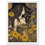 Woman in Flower Field Midsummer Night Illustration Artwork Framed Wall Art Print A4