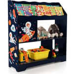 Goplus - tagère de Rangement Enfants-Bibliothèque 3 Compartiments-Dispositif Anti-basculement-Étagère à Livres avec Motif Fusée Bleu