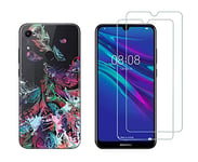 NOVAGO Compatible avec Huawei Y6 2019 /Honor 8A -Coque Souple Solide Anti Choc avec Impression + 2 Films Protection écran Verre trempé résistant (Coque+ 2 Films, Plumes 2)