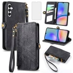 Asuwish Phone Case for Samsung Galaxy A05s Wallet Cover with Tempered Glass Screen Protector and Wrist Strap Leather Flip Zipper Credit Card Holder Stand Cell Accessories Ao5s A 05s Women Men Black