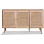 Sweeek - Buffet de rangement en cannage 120x39x70cm - Bohème - 2 niveaux. 3 portes. pieds scandinaves. buffet bas