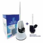 Silicone Toilet Brush Set  Plastic Holder with Spare Replacement Brush Head