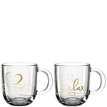 Leonardo Presente 025603 Lot de 2 tasses à café en verre avec inscription en anglais « Live, Laugh, Love & Relax », passent au lave-vaisselle, tasses à thé avec inscription et motif blanc/doré 400 ml
