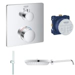 GROHE Shower Concealed Square Installation Set with Thermostatic Mixer, Shower Arm, Shower Head, Hand Shower, Chrome