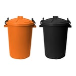 2 x 50L Plastic Dustbin Heavy Duty Locking Lid Kitchen Garden Orange + Black