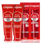 Colgate Max White Ultra Active Foam Toothpaste, At Home Whitening Toothpaste Clinically Proven Whiter Teeth in 3 Days*, Toothpaste Multipack, 2 Pack, 75ml Tubes