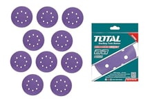 TOTAL Lot de 10 disques de polissage et de ponçage Ø 150 mm, 2 x P80, 1 x P120, 2 x P180, 2 x P240, 2 x P320 et 1 x P400, en oxyde d'aluminium pour bois, plastique, peinture, pierre, métal et verre