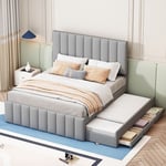 Lit gigogne 140 x 200 cm - avec tête de lit et 3 tiroirs, lit capitonné canapé-lit extensible, sommier à lattes, lit double style Scandinave, Lin