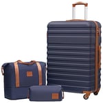 COOLIFE Set de Valises-Voyage Valise ABS avec Cadenas TSA Poignée télescopiq,1 Bagage Cabine Extensibles et 1 Portable Trousse de Maquillage (Abricot/Bleu Marine, Set de 3 Valises (28"))