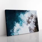 Crashing Waves At Bondi Beach In Abstract Modern Art Canvas Wall Art Print Ready to Hang, Framed Picture for Living Room Bedroom Home Office Décor, 50x35 cm (20x14 Inch)