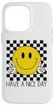 Coque pour iPhone 14 Pro Max Have a Nice Day, sourire rétro des années 70, visage souriant à carreaux