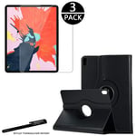 Housse Etui Noir Pour Ipad Pro 12.9 2018 Coque Avec Support Rotatif 360° + 3 Vitres De Protection Avec Stylet Toproduits®