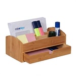 relaxdays Organiseur de Bureau, Bambou, avec tiroirs & 3 Compartiments, Rangement de Table, 11 x 27,5 x 15 cm, Nature