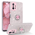 YINLAI Coque pour Xiaomi Mi 11T/11T Pro,Etui Argent Paillettes Antichoc Xiaomi Mi 11T avec 360° Ring Stand Trois en Un Support de Voiture magnétique Housse pour Xiaomi Mi 11T Pro - Argent Rose