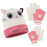 Gabby's Dollhouse Girls Winter Accessories Set Beanie Hat and Gloves Girls Gifts (Pink/White)