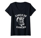 Womens Times Up Losers Old School Grim Reaper Holds The Worlds End V-Neck T-Shirt