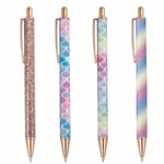 Kulspetspennor 4 st Glitter Rose Gold Click Kulspetspennor Metall Retractable Pen för Skola Kontorsmaterial, Svart Bläck Medium Point 1,0 mm