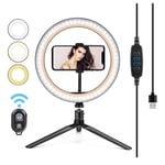 AJH 10" LED Ring Light with Flexible Phone Holder & Tripod Stander, Desk Makeup Selfie Ring Light with Dimmable 3 Light Modes 10 Brightness Level for Live Streaming & YouTube Video Photography