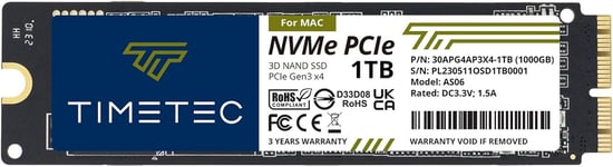 1 to Mac SSD NVMe PCIe Gen3x4 3D NAND TLC Lecture jusqu'à 2 000 Mo/s Compatible avec MacBook Air (2013-2015, 2017), MacBook Pro (2013-2015), iMac (2013-2019), Mac Pro (2013), MacMini (2014)