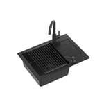 QUADRON Evier cuisine granit | Taille 60 x 44 x 18,5 cm, Couleur : Pure Carbon | JOHNNY 116 Evier granit à encastrer | Set : distributeur, robinetterie de cuisine, Qmata Pure Carbon