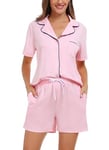 Lovasy Pyjama Coton Femme Short Ensemble Pyjamas Légers Col V Manches Courtes Chic Été 2 Pièces Vêtements de Nuit Court Boutonnée A Rose Clair XXL