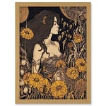 Artery8 Woman in Flower Field Midsummer Night Illustration Artwork Framed Wall Art Print A4