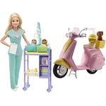 Barbie Baby Doctor Playset with Blonde Doll, 2 Infant Dolls, for Ages 3 and Up, GKH23 & Mo-Ped with Puppy, Motorbike for Doll, Pink Scooter, Vehicle, Ages 3 Years+, FRP56