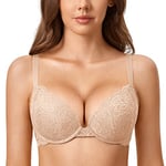 DOBREVA Femme Soutien Gorge Push Up Dentelle avec Armatures Plongeant Rembourré Moulé Beige 105A