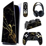 PlayVital Autocollants Skin Decal pour ps5 Manette,Sticker Vinyle Habillages pour ps5 Console Édition Numérique&Station de Charge&Casque&Télécommande Média-Marbre Noir&Or