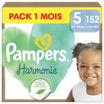 Pampers Harmonie, Taille 5, 152 Couches, 11-16kg, Protection Douce pour la Peau, Ingrédients d’origine végétale en contact avec la peau de bébé, Avec un Emballage Recyclable en Papier, Pack 1 Mois