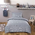 Dreamscene Parure de lit pour Enfant avec Housse de Couette et Motif Galaxie, Lune et étoiles, Gris argenté - 1 Place