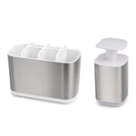 Joseph Joseph Bathroom Beauties - 2-Piece Bathroom Sink Set with Large Toothbrush Holder Caddy and Hygienic Soap Pump Dispenser, Stainless Steel