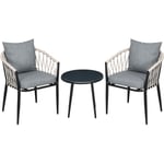 Outsunny - Salon de jardin 2 personnes 3 pièces 2 fauteuils avec coussins table basse ronde plateau verre trempé corde tressée métal gris