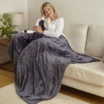 Luxury Electric Heated Throw Large Sherpa Fleece Grey Over Blanket Single Double