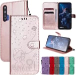 Case For Huawei Nova 5t Flip Cover With 2& Tempered Glass Screen Protector 2 Card Slot+Wallet Magnetic Stand Embossed Cat Bee Strap Pu Leather 360° Shockproof,Black