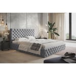 Lit adulte Chesterfield 140x200 Furis - Tiroir de Lit, Tissu Velours, Sommier à Latte - Glamour Lit Double Chambre à coucher (Gris - Jasmine 90)