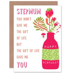 Birthday Happy Fun Step Mum Mother Vase Graphic Greetings Card Plus Envelope Blank inside