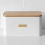 White Large Bread Bin Gold Label Wood Lid Rectangle Modern Kitchen Food Storage