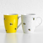 Set of 4 Sweet Bee Coffee Mugs Yellow & White 330ml 11oz Porcelain Tea Cups Gift